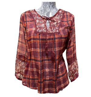 Girl Krazy Plaid Peasant Blouse Red Sheer Shirt Lace Tassel Tie Smock Top Boho